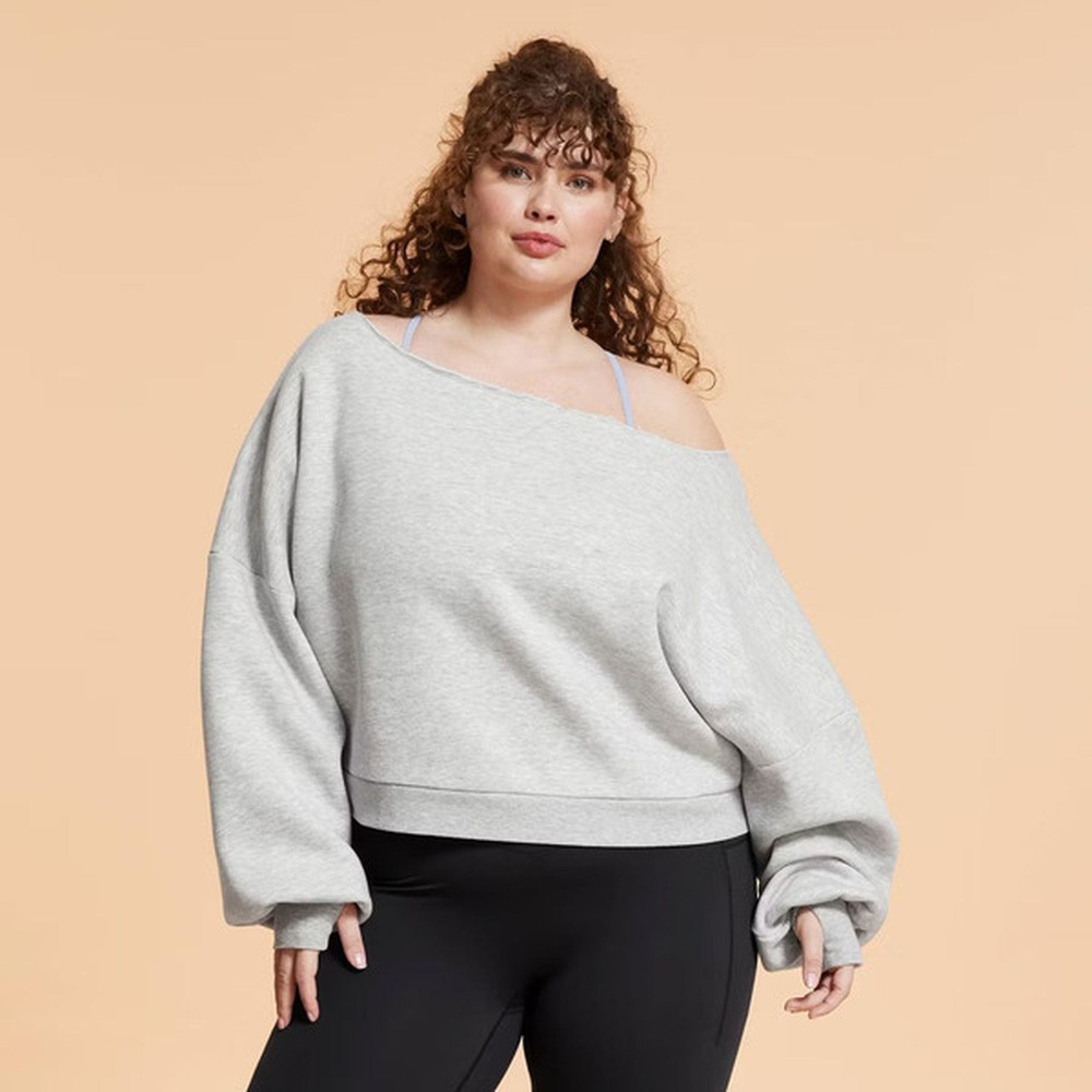 Blogilates Women 1X Dance Studio Sweatshirt Beige Oversized Off Shoulder NWT